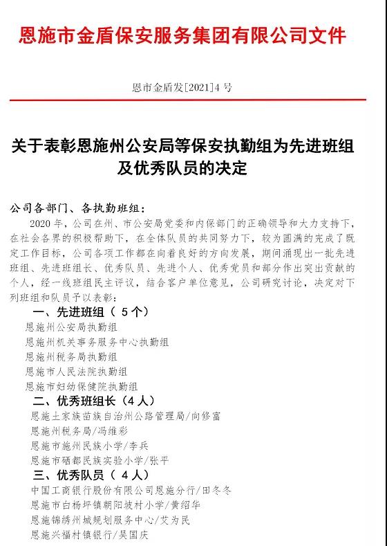 關(guān)于表彰恩施州保安執(zhí)勤組為先進班組及優(yōu)秀隊員公告